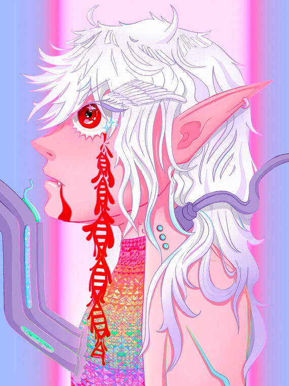 Early concept drawing of Fang from Algorithm for Peace (cyber elf | limpia limpia corazón)